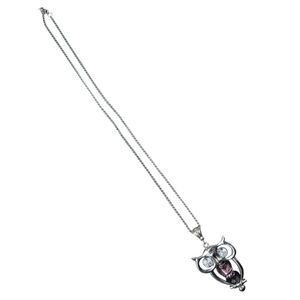 Silver Tone Owl Pendant Necklace Crystal Eyes Purple Lampwork Bead